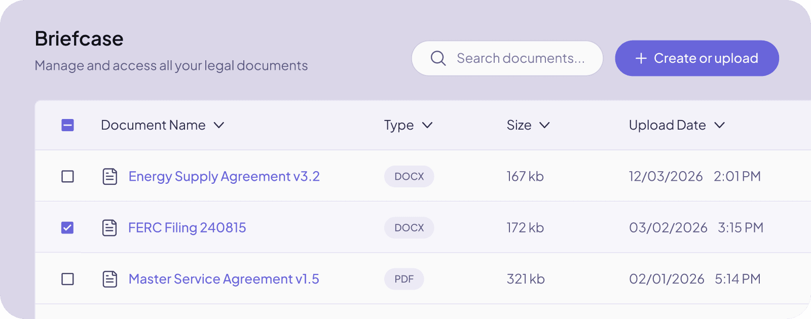 Benvolio Briefcase interface showing organized legal documents and client folders
