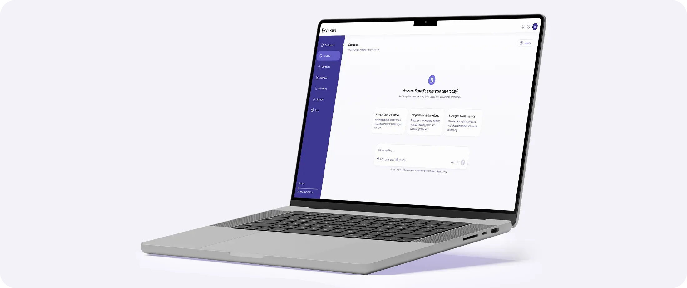 Benvolio legal AI platform interface displayed on laptop, illustrating structured AI-powered legal workflow