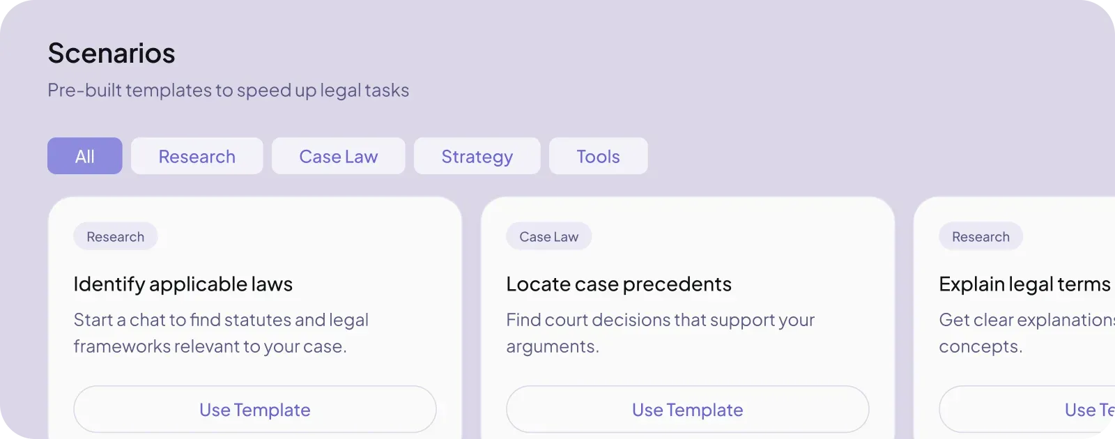Benvolio Scenarios interface showing pre-built templates designed to support legal judgment