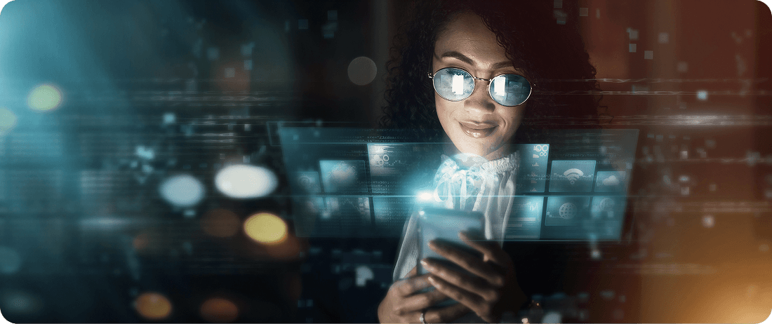 Digital innovation concept with woman analyzing holographic data