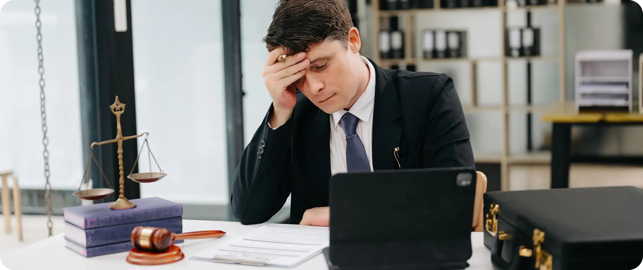Lawyer reviewing AI-generated legal documents on laptop, reflecting on legal AI hallucinations and professional responsibility